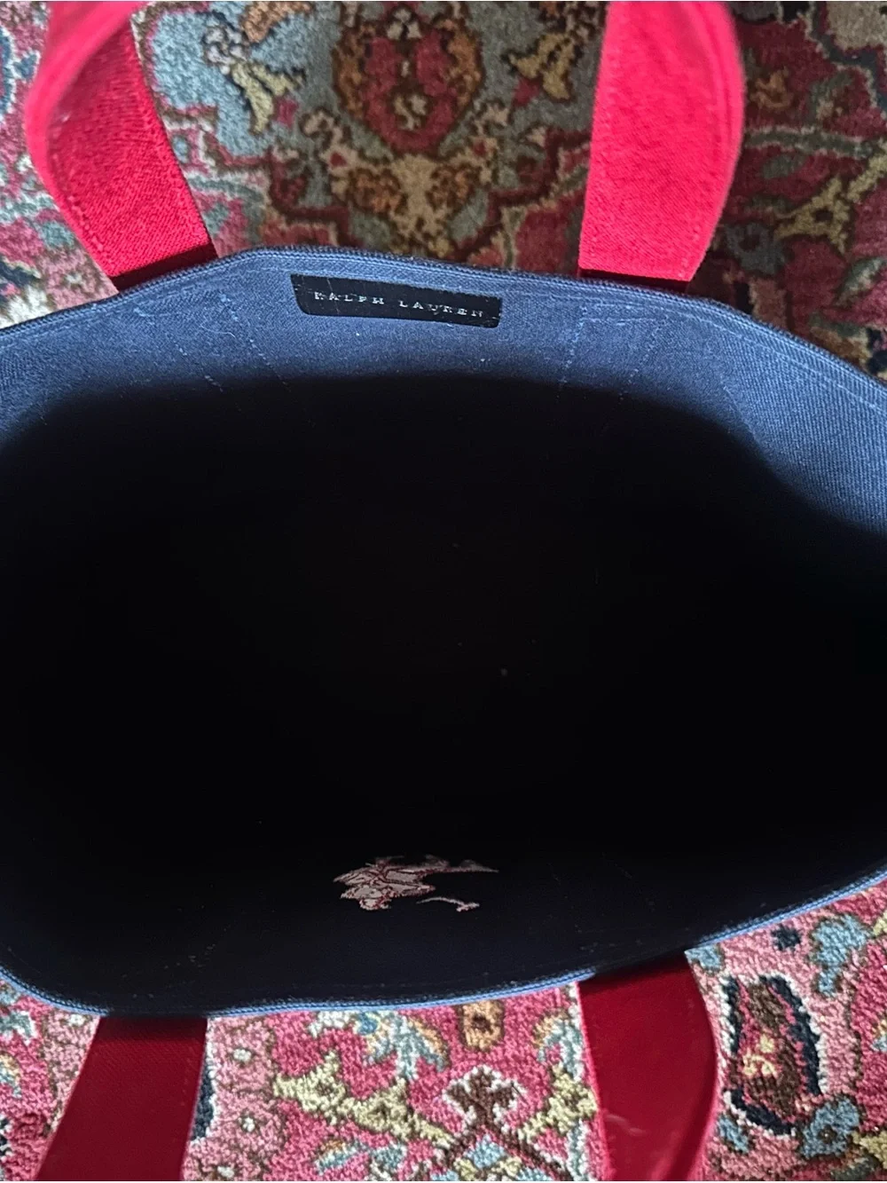 Ralph Lauren Black Canvas Tote with Red Trim and Polo Logo